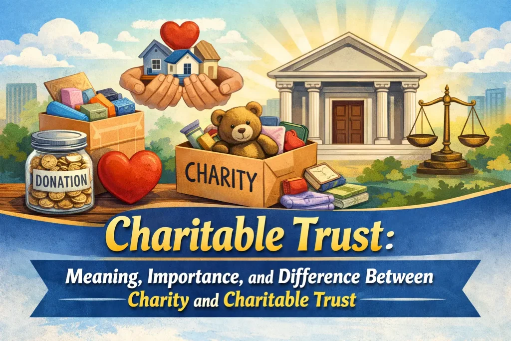 Illustration showing the difference between a charity and a charitable trust, highlighting structure, purpose, and benefits.