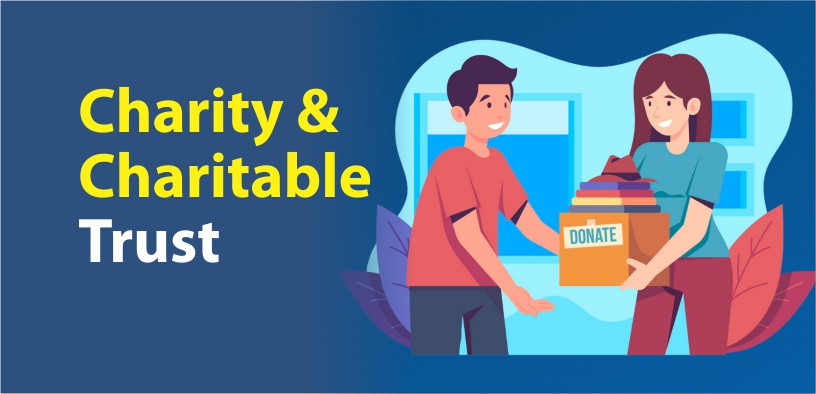 Illustration showing the difference between a charity and a charitable trust, highlighting structure, purpose, and benefits.