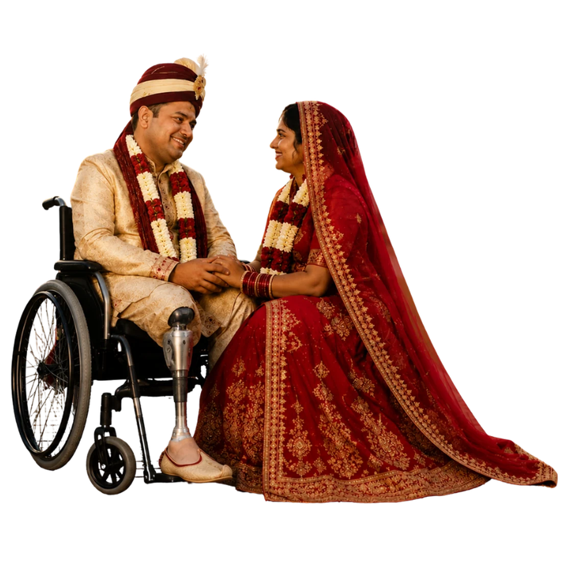 एक दिव्यांग वर और वधू विवाह के पश्चात एक-दूसरे का हाथ थामे हुए